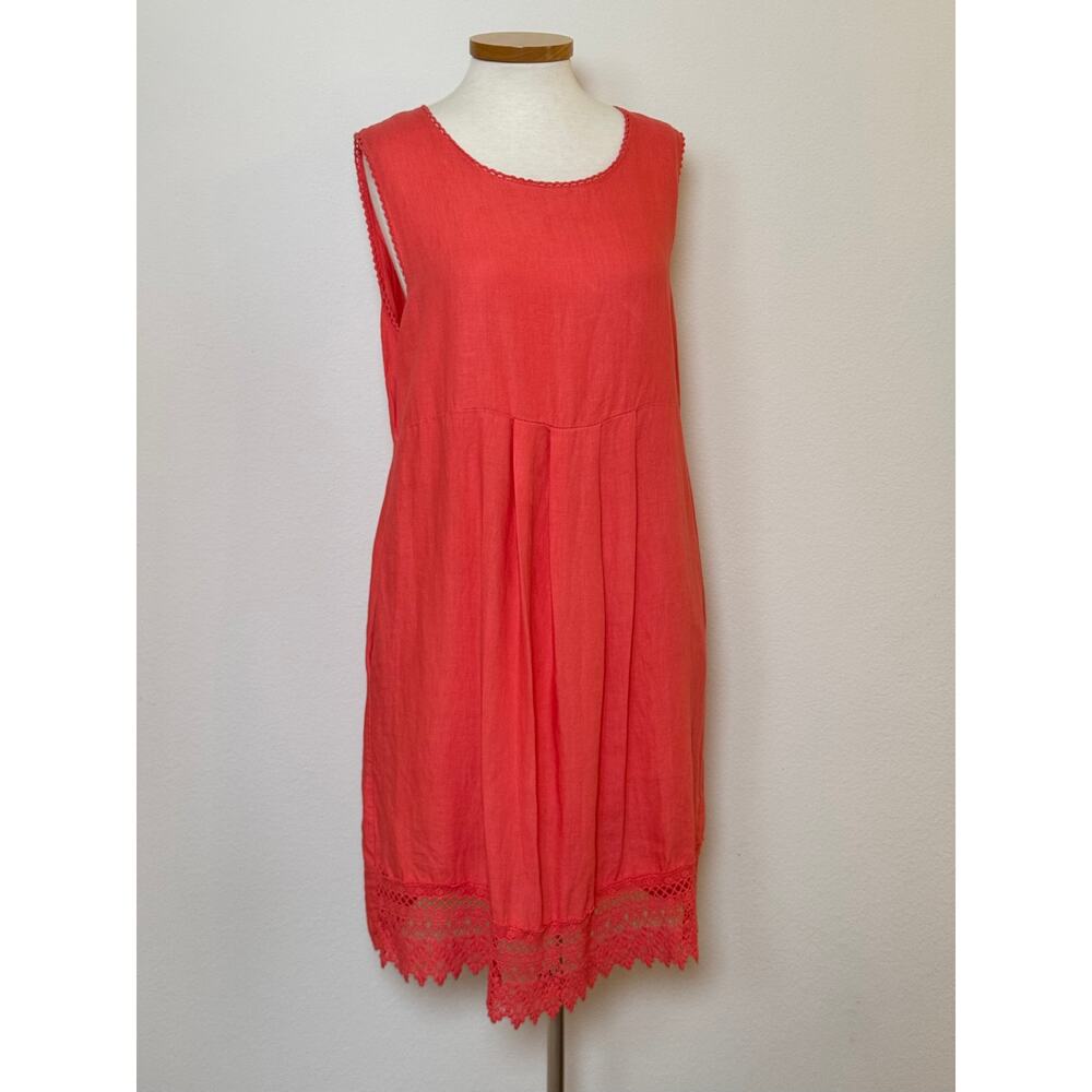 Coral Linen‎ Shift Sundress Crocheted Hem Large Cottagecore Blu Orchid